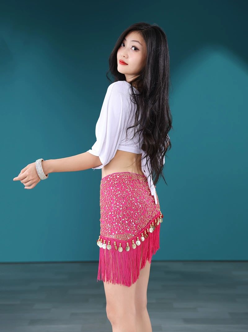 밸리댄스 힙스카프 상하의 세트 스카프 댄스허리체인 공연 댄스웨어 라인댄스 벨리복 밸리 블랙 상의+다홍색 허리 안전 바지 3종 - 상세 이미지 4