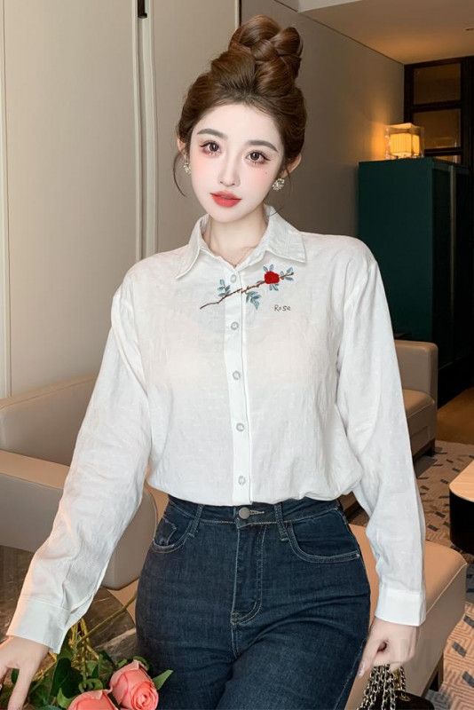 여성 자카드 긴팔 셔츠 플라워 자수 디자인 가을 데일리 캐주얼 스타일 통기성 좋은 코튼 소재 편안한 착용감 모던한 외출용 - 상세 이미지 5