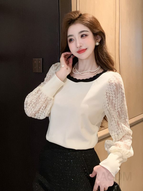 레이스 패치워크 여성 긴팔 티셔츠 가을 스타일 이너웨어 데일리 퍼프 슬리브 라운드넥 패션 캐주얼 모던한 디자인 편안한 착용감 - 상세 이미지 4