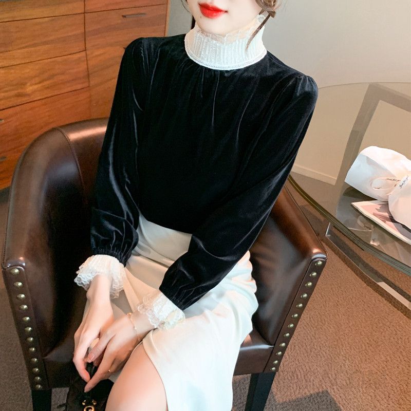 여성 가을 벨벳 셔츠 긴팔 스탠드칼라 스타일리쉬한 데일리 이너웨어 고급스러운 블라우스 하객룩 코디 추천 - 상품 이미지