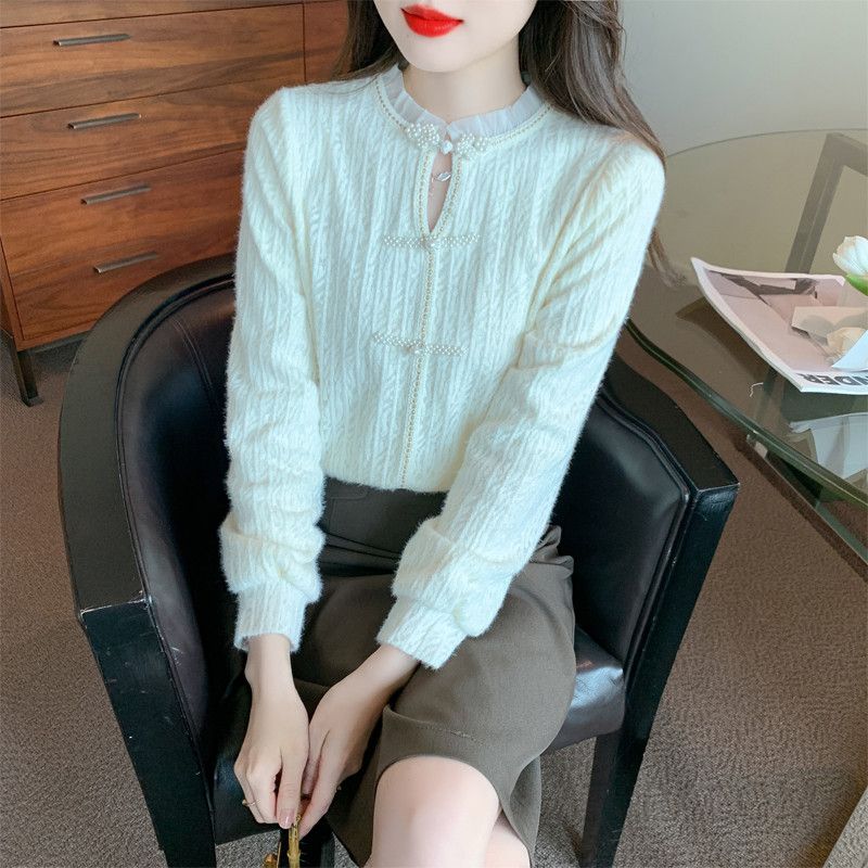 레이스 셔츠 여성 가을 블라우스 루즈핏 반목 스타일 데일리 통근용 긴팔 상의 트렌디한 캐주얼 디자인 편안한 착용감 고급스러운 느낌 - 상품 이미지