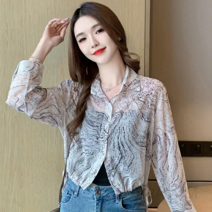 가을 여성 쉬폰 플라워 블라우스 여름용 숏 재킷 스타일 시원한 긴팔 셔츠 통근용 데일리 룩 패션 - 상품 이미지