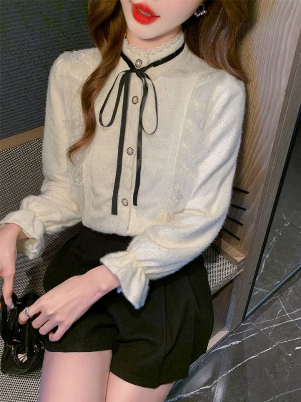 여성 긴팔 블라우스 봄 가을 프랑스 스타일 빈티지 우드 엣지 디자인 루즈핏 캐주얼 라운드넥 플리츠 쉬폰 편안한 착용감 데일리룩 - 상세 이미지 2