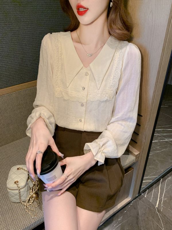 레이스 패치워크 쉬폰 블라우스 여성 가을 신상 긴팔 셔츠 스타일리시한 데일리룩 우아한 디자인 하객룩 코디 추천 - 상세 이미지 3