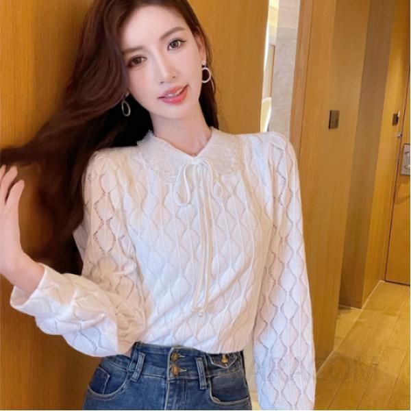 레이스 여성 블라우스 긴팔 인형 칼라 스타일 통근용 데일리 이너 셔츠 우아한 디자인 가을 패션 매치 스타일링 플레어 소매 - 메인 이미지