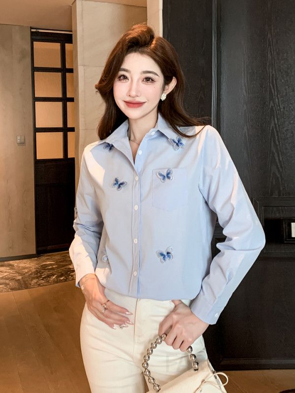 여성 가을 긴팔 루즈핏 캐주얼 셔츠 나비 디자인 니치 홍콩 스타일 코튼 상의 데일리 편안한 착용감 시크한 외출용 - 상세 이미지 3