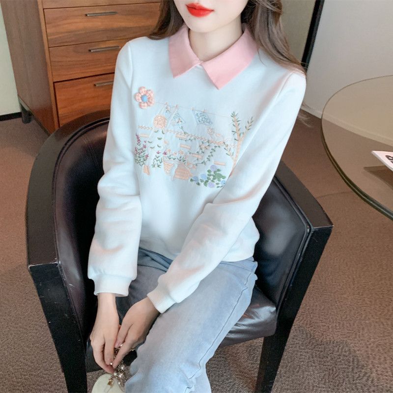 라운드넥 긴팔 자수 티셔츠 심플 슬림핏 다용도 남성 긴팔 캐주얼한 착용감 데일리룩 레이어드 스타일 추천 - 상품 이미지