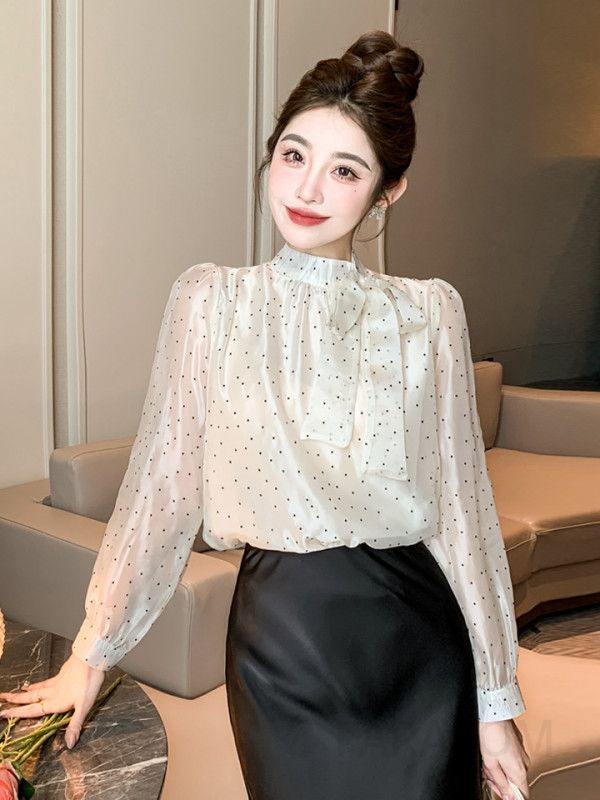 가을 여성 쉬폰 리본 블라우스 도트 패턴 긴팔 셔츠 우아한 데일리 스타일 시스루 레이어드 가능한 캐주얼 상의 - 상세 이미지 2
