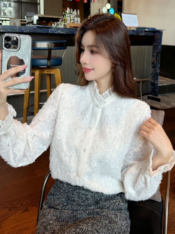 겨울 레이스 하이넥 블라우스 여성용 우아한 이너웨어 스타일 빈티지 매력적인 레이어드 착용감 좋은 긴팔 셔츠 - 상세 이미지 3