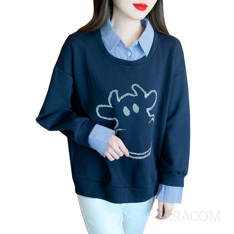 여성 긴팔 스플라이싱 티셔츠 가을 스타일 루즈핏 데일리 룩 레이어드 코디 칼라로 멋스러운 패션 아이템 편안한 착용감 트렌디한 디자인 - 상세 이미지 5