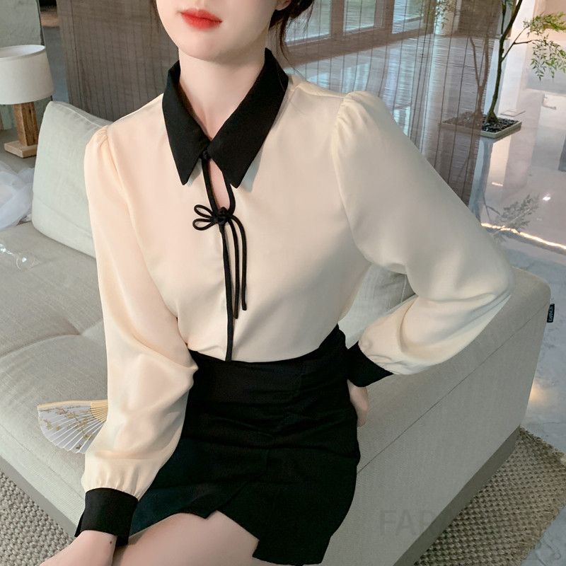 여성 긴팔 새틴 셔츠 가을용 폴로 칼라 스타일 통근용 캐주얼 올매치 탑 구김없는 편안한 착용감 스타일리시한 데일리 - 상세 이미지 4
