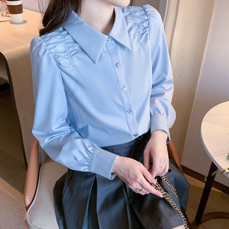 여성 긴팔 셔츠 프렌치 스타일 레이어드 블루 코튼 캐주얼 오버핏 가을 데일리 셔츠 구김없는 편안한 착용감 스타일리시한 디자인 - 상세 이미지 2