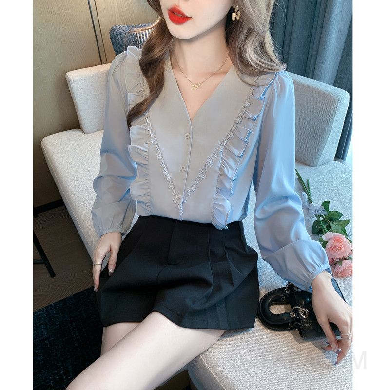 여성 브이넥 쉬폰 셔츠 블라우스 봄 긴팔 프렌치 러플 디자인 데일리 스타일 예쁜 여성 우아한 핏 고급스러운 착용감 - 상세 이미지 5