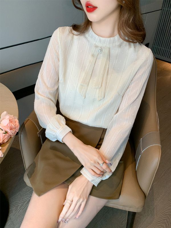 여성 가을 스탠드 칼라 리본 진주 단추 쉬폰 블라우스 우아한 디자인 편안한 착용감 하객룩 데일리룩 활용도 높은 긴팔 셔츠 - 상세 이미지 2
