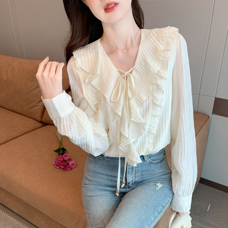 여성 브이넥 러플 긴팔 블라우스 가을 캐주얼 스타일 레이온 소재 루즈핏 셔츠 여성스러운 디자인 편안한 착용감 데일리룩 - 상세 이미지 3