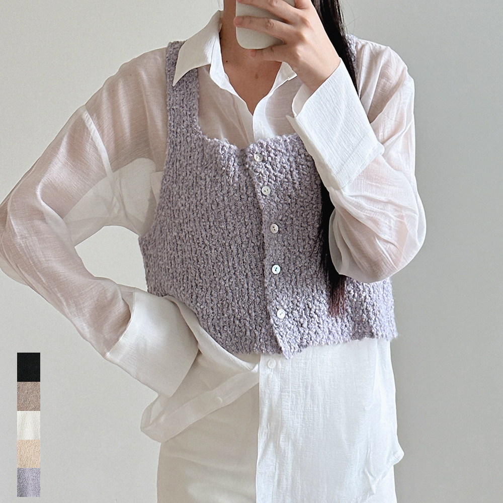 여성 뷔스티에 부클 니트 조끼 스퀘어넥 크롭 베스트 블랙 베이지 데일리룩 가을 겨울