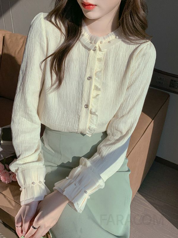 라운드넥 러플 진주 블라우스 여성 가을 스타일 셔츠 레트로 디자인 편안한 착용감 고급스러운 캐주얼 데일리 패션 - 상세 이미지 3