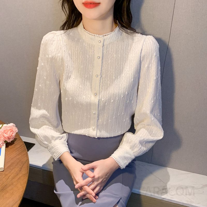 레이스 진주 단추 여성 가을 블라우스 루즈핏 스탠드 칼라 레트로 스타일 긴팔 셔츠 우아한 디자인 데일리 착용감 편안한 상의 - 상세 이미지 5