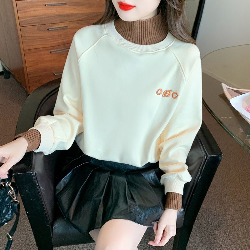 여성 하이넥 루즈핏 긴팔 스웨트셔츠 가짜 투피스 스타일 데일리 티셔츠 캐주얼 레이어드룩 편안한 착용감 가벼운 외출용 다용도 상의 - 상세 이미지 3