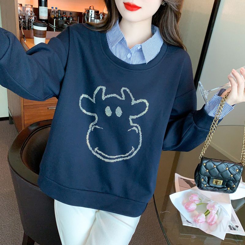 여성 긴팔 스플라이싱 티셔츠 가을 스타일 루즈핏 데일리 룩 레이어드 코디 칼라로 멋스러운 패션 아이템 편안한 착용감 트렌디한 디자인 - 상세 이미지 3
