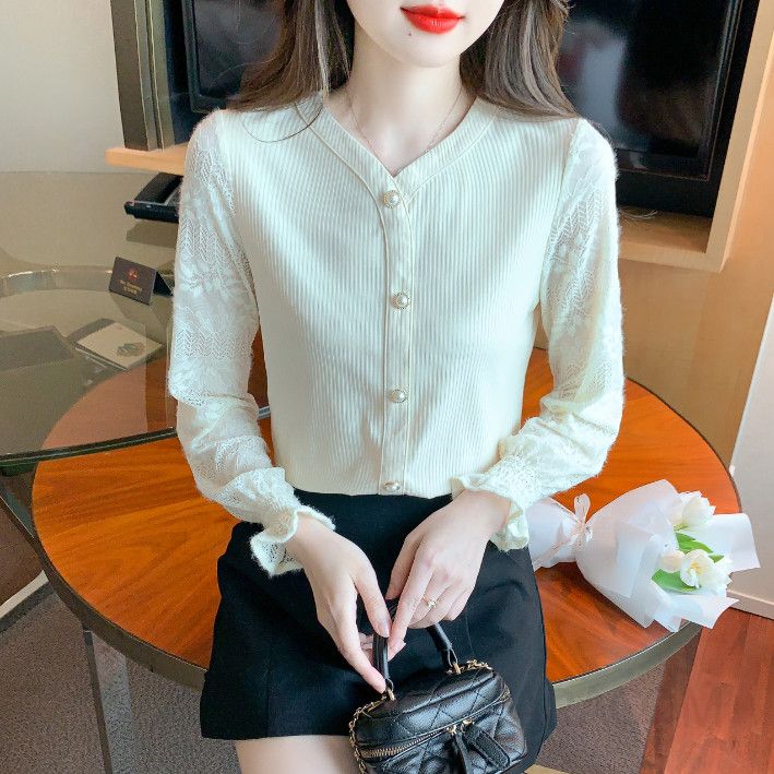 브이넥 레이스 쉬폰 블라우스 여성용 가을 긴팔 셔츠 스타일리시한 데일리룩 하객룩 유니크한 디자인 빈티지 감성 - 상세 이미지 3