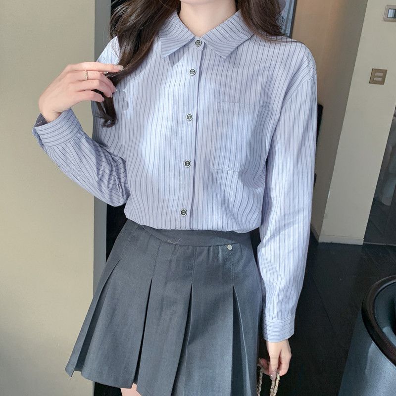 여성 가을 긴팔 스트라이프 셔츠 스타일리시한 캐주얼 남방 편안한 착용감 데일리룩 오버핏 활용도 높은 디자인 - 상품 이미지
