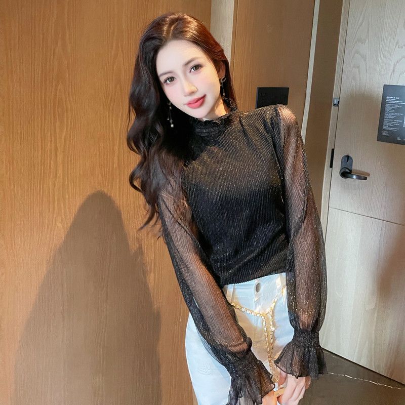 여성 쉬폰 블라우스 긴팔 슬림핏 우아한 스타일 가을 신상 데일리룩 시스루 디자인 매력적인 코디용 - 메인 이미지