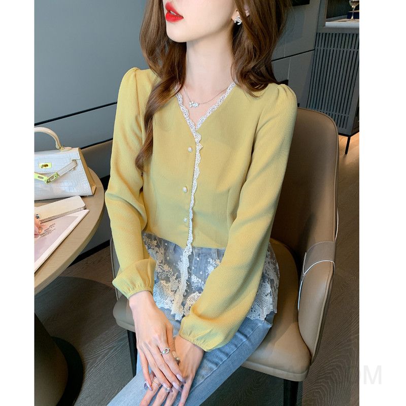 레이스 패치워크 슬림핏 블라우스 가을 여성용 프렌치 스타일 셔츠 우아한 디자인 긴팔 고급스러운 분위기 데일리룩 - 상세 이미지 5