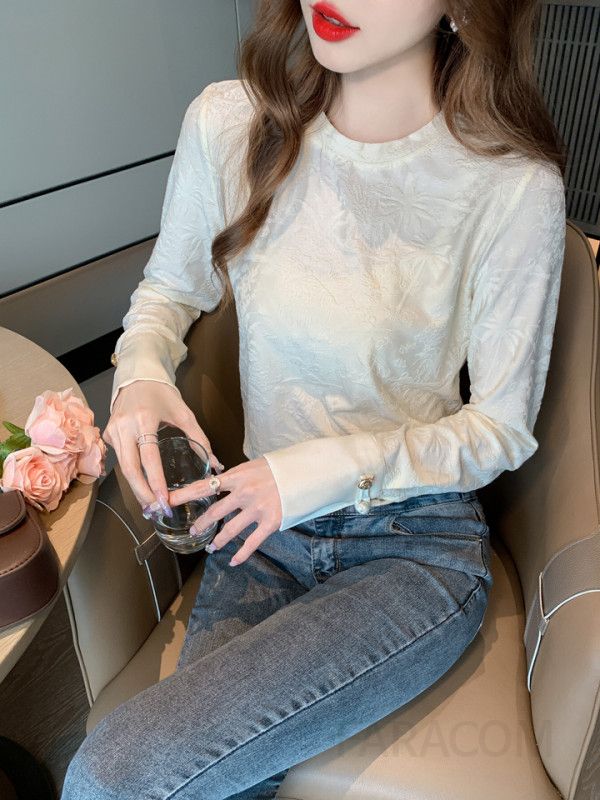 여성 긴팔 스트레이트 티셔츠 봄 신상 슬림핏 데일리 캐주얼 상의 레이어드용 차이나 스타일 편안한 착용감 - 상세 이미지 2