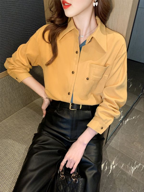 여성 가을 레트로 긴팔셔츠 노란색 오버핏 캐주얼 스타일 통근용 데일리 웨어 코튼 소재 구김 없는 편안한 착용감 - 상세 이미지 2