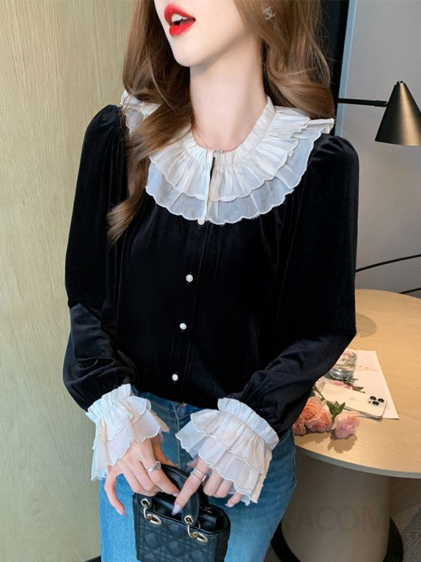 가을 여성 레이스 블라우스 긴팔 루즈핏 블랙 셔츠 스타일리쉬한 데일리룩 고급스러운 디자인 통근용 - 상세 이미지 3