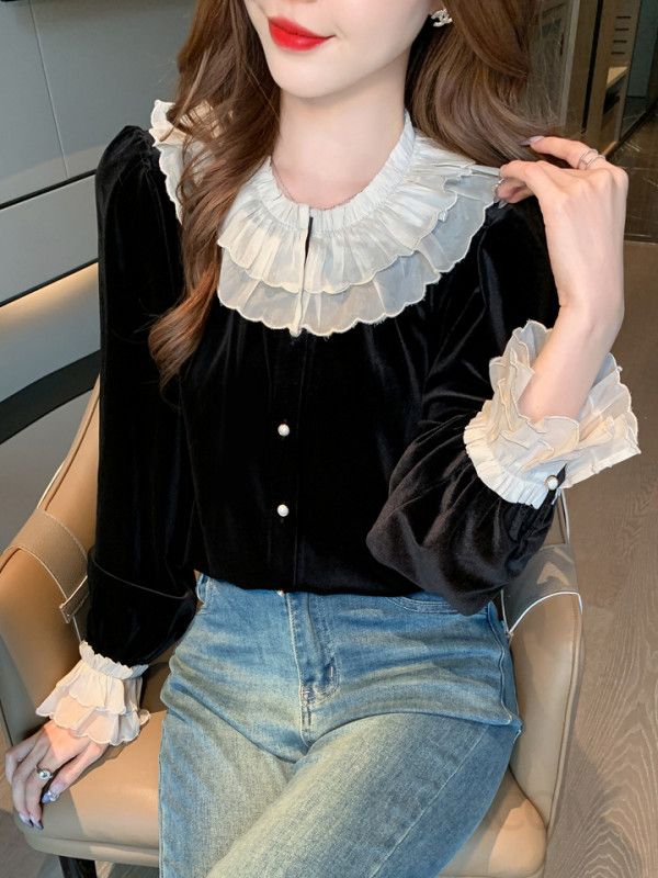 가을 여성 레이스 블라우스 긴팔 루즈핏 블랙 셔츠 스타일리쉬한 데일리룩 고급스러운 디자인 통근용 - 상세 이미지 4