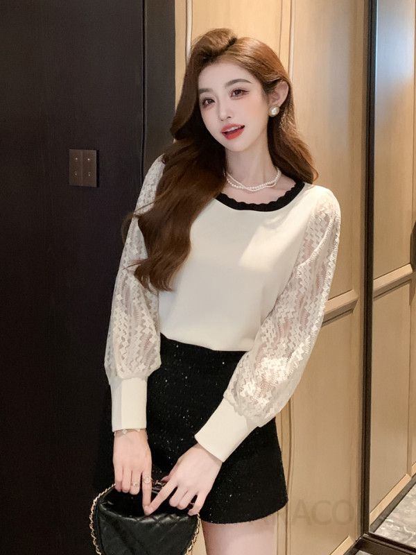 레이스 패치워크 여성 긴팔 티셔츠 가을 스타일 이너웨어 데일리 퍼프 슬리브 라운드넥 패션 캐주얼 모던한 디자인 편안한 착용감 - 상세 이미지 2