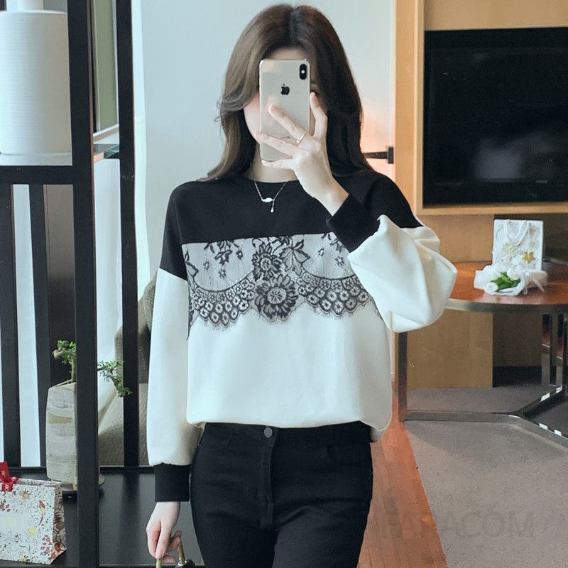 긴팔 라운드넥 여성 스웨트셔츠 레이스 스플라이싱 캐주얼 스타일 데일리 착용감 좋은 긴팔티셔츠 모던한 디자인 다용도 활용 가능 패션 아이템 - 상세 이미지 3