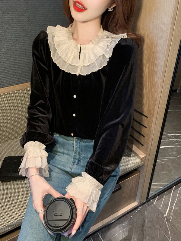가을 여성 레이스 블라우스 긴팔 루즈핏 블랙 셔츠 스타일리쉬한 데일리룩 고급스러운 디자인 통근용 - 상세 이미지 2