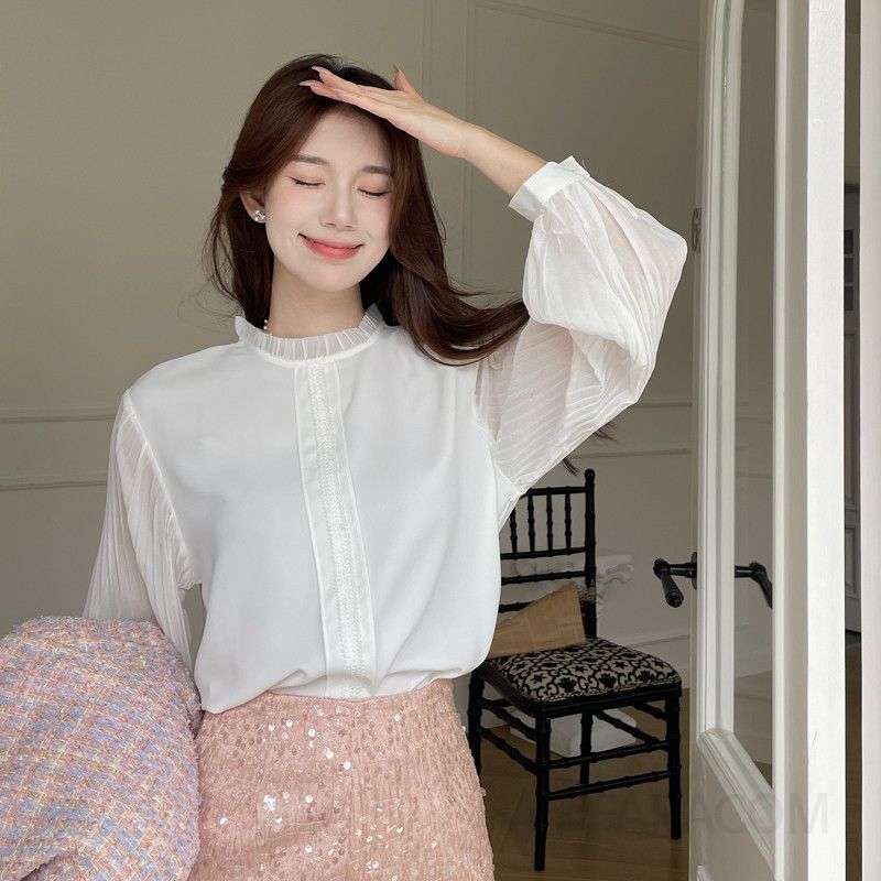 여성 플리츠 쉬폰 셔츠 가을용 루즈핏 긴팔 블라우스 고급스러운 스타일 부드러운 착용감 데일리 코디 하객룩으로 적합 - 메인 이미지