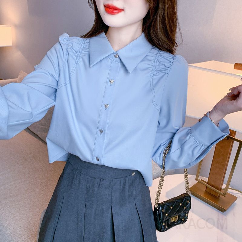 여성 긴팔 셔츠 프렌치 스타일 레이어드 블루 코튼 캐주얼 오버핏 가을 데일리 셔츠 구김없는 편안한 착용감 스타일리시한 디자인 - 상세 이미지 4