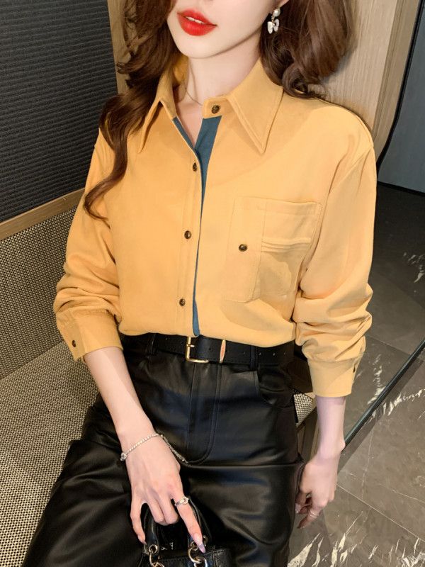 여성 가을 레트로 긴팔셔츠 노란색 오버핏 캐주얼 스타일 통근용 데일리 웨어 코튼 소재 구김 없는 편안한 착용감 - 상세 이미지 5