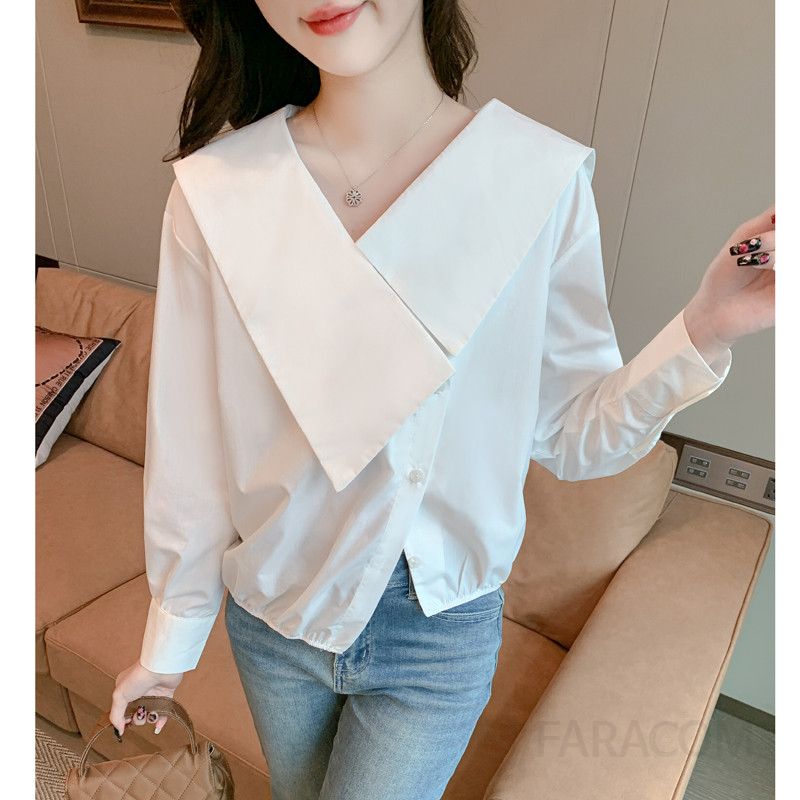 화이트 라펠 셔츠 여성 가을 심플 니치 디자인 블라우스 긴팔 루즈핏 스타일 캐주얼 데일리 착용감 좋은 외출용 - 상세 이미지 2
