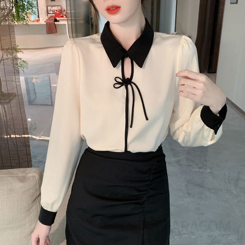 여성 긴팔 새틴 셔츠 가을용 폴로 칼라 스타일 통근용 캐주얼 올매치 탑 구김없는 편안한 착용감 스타일리시한 데일리 - 상세 이미지 5