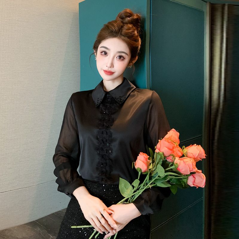 레이스 쉬폰 블라우스 긴팔 여성 가을 스타일 우아한 이너 상의 데일리 캐주얼 착용감 좋은 레이어드용 셔츠 - 상세 이미지 4