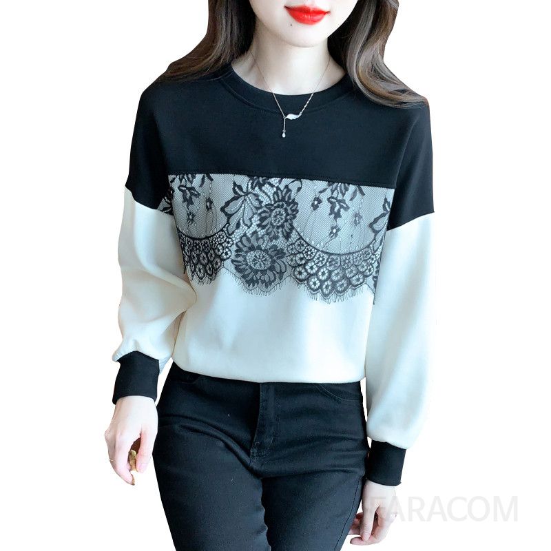 긴팔 라운드넥 여성 스웨트셔츠 레이스 스플라이싱 캐주얼 스타일 데일리 착용감 좋은 긴팔티셔츠 모던한 디자인 다용도 활용 가능 패션 아이템 - 상세 이미지 5