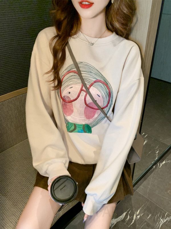 여성 레트로 라운드넥 루즈핏 스웨트셔츠 간절기용 긴팔 맨투맨 데일리웨어 편안한 착용감 캐주얼한 스타일 아웃도어 활용 가능 - 상세 이미지 5