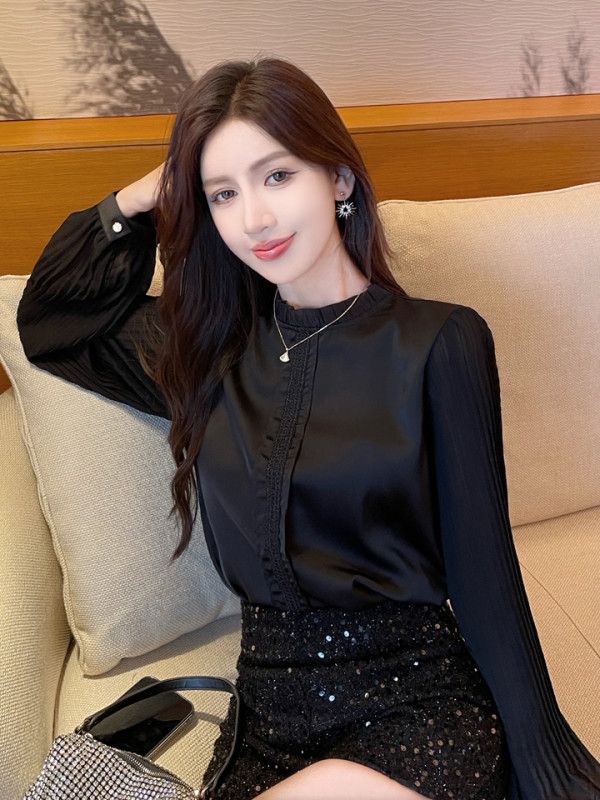 여성 플리츠 쉬폰 셔츠 가을용 루즈핏 긴팔 블라우스 고급스러운 스타일 부드러운 착용감 데일리 코디 하객룩으로 적합 - 상세 이미지 3