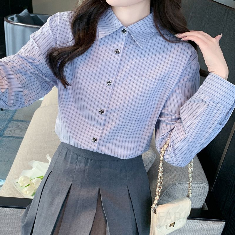 여성 가을 긴팔 스트라이프 셔츠 스타일리시한 캐주얼 남방 편안한 착용감 데일리룩 오버핏 활용도 높은 디자인 - 상세 이미지 3