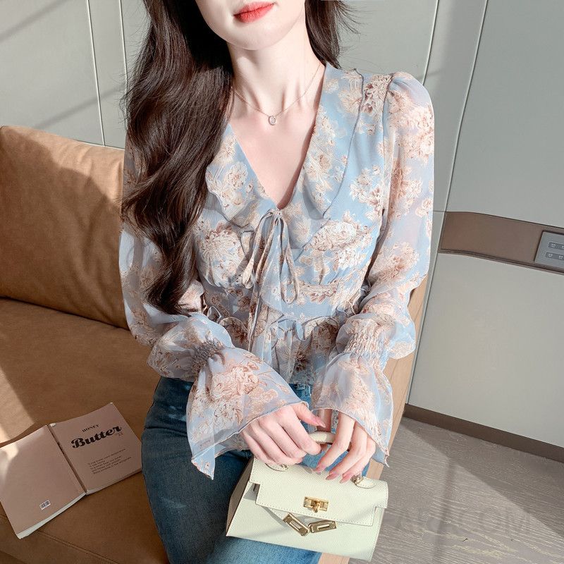 여성 가을 브이넥 쉬폰 블라우스 플로럴 패턴 긴팔 러플 디자인 편안한 착용감 데일리룩 스타일링 쉬운 고급스러운 여성용 탑 - 상세 이미지 3