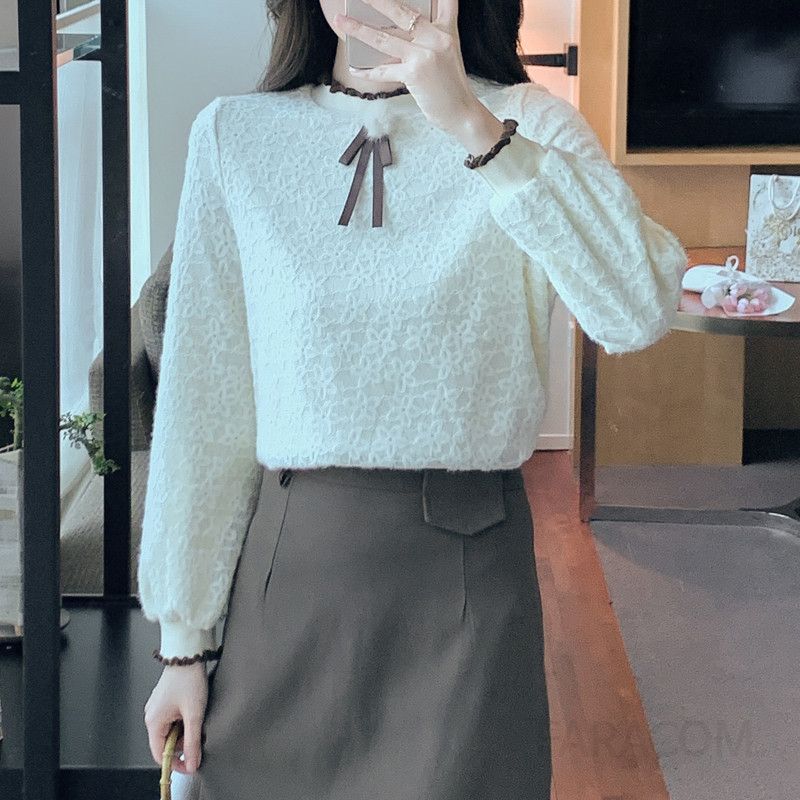 레이스 긴팔 블라우스 여성 가을용 우아한 루즈핏 셔츠 스타일러블한 데일리 패션 아이템 빈티지 감성 레트로 디자인 - 상세 이미지 2