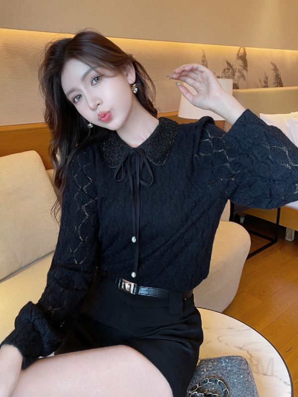 레이스 여성 블라우스 긴팔 인형 칼라 스타일 통근용 데일리 이너 셔츠 우아한 디자인 가을 패션 매치 스타일링 플레어 소매 - 상세 이미지 3
