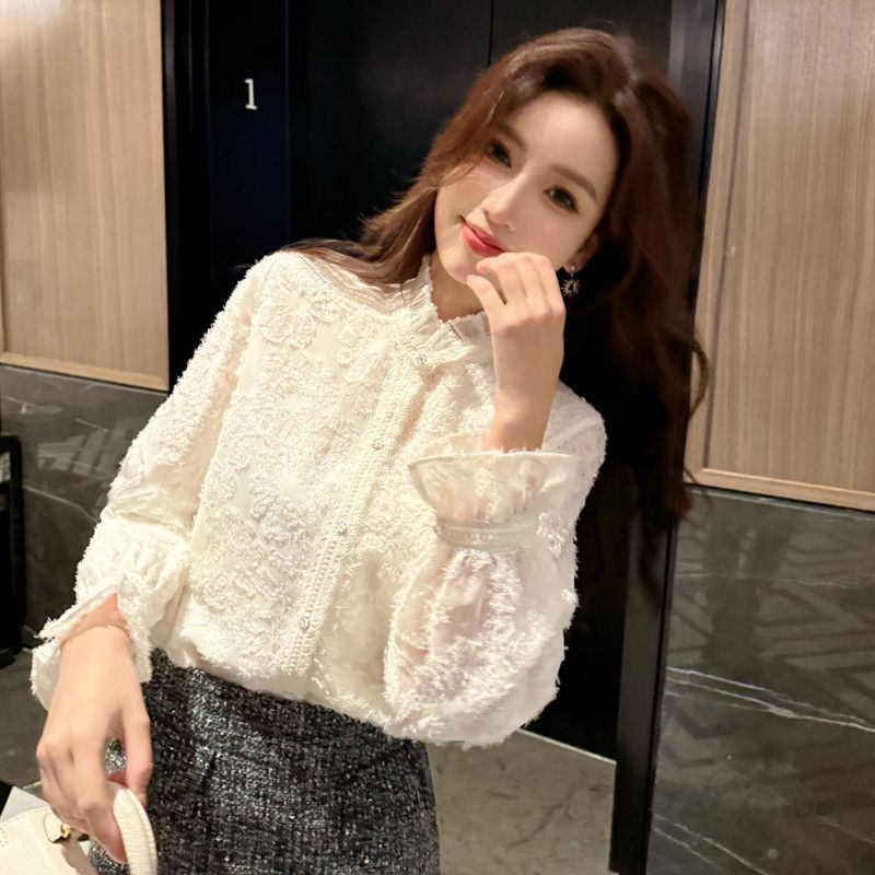 겨울 레이스 하이넥 블라우스 여성용 우아한 이너웨어 스타일 빈티지 매력적인 레이어드 착용감 좋은 긴팔 셔츠 - 메인 이미지