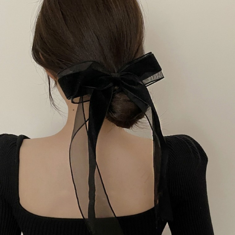 검정리본핀 레이스 벨벳 자동핀 셀프웨딩 블랙 촬영소품 여성 헤어 발레코어 악세사리 - 상품 이미지